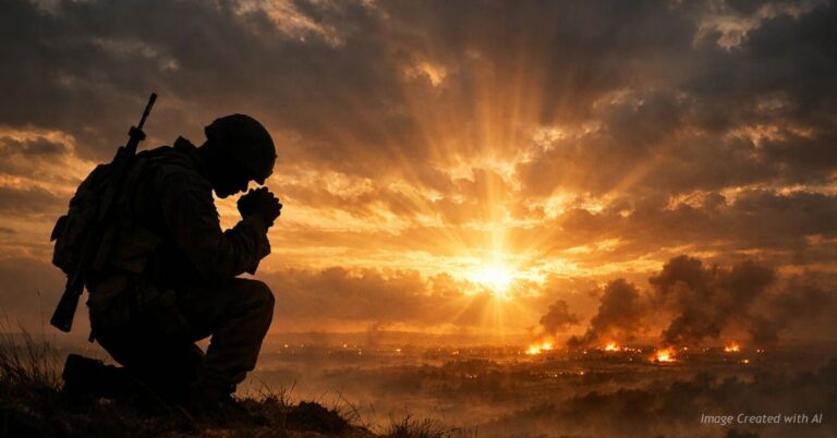 Soldier kneeling in prayer overlooking distant battlefield