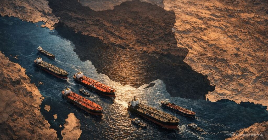 Oil tankers stalled in the Strait of Hormuz symbolizing global energy vulnerability