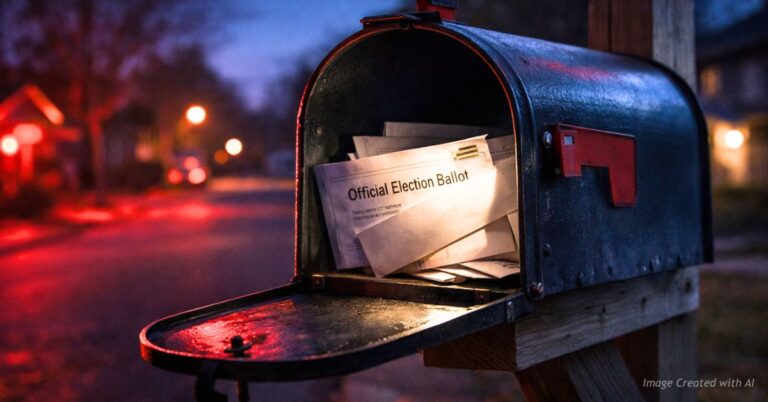 Open suburban mailbox with mail-in ballots visible at dusk symbolizing voter fraud investigation.