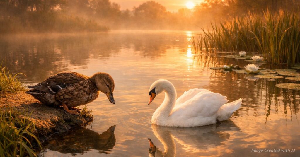 Duck sees swan reflection symbolizing identity transformation