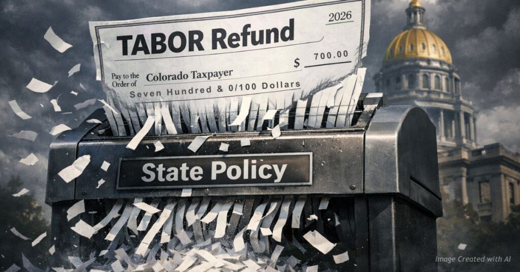 Illustration of a TABOR refund check being shredded symbolizing the debate over redirecting taxpayer refunds to education.