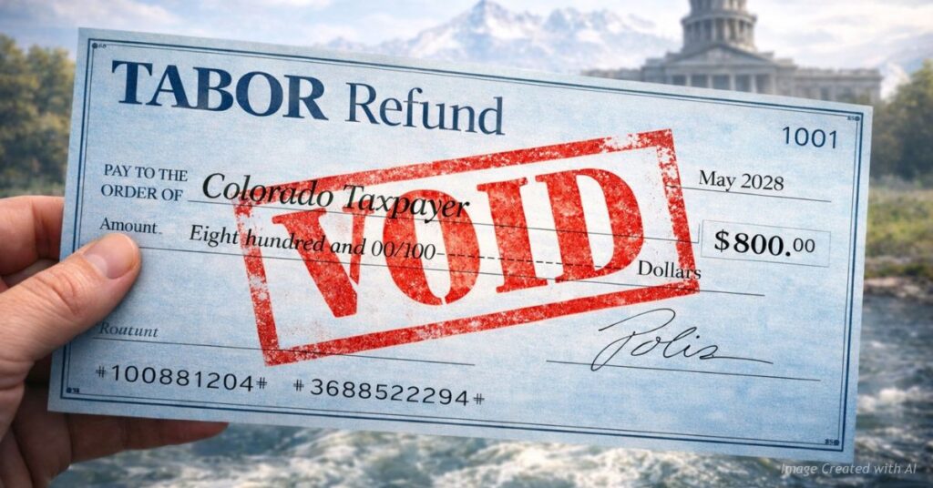 A check labeled TABOR refund stamped “VOID” with the Colorado State Capitol in the background