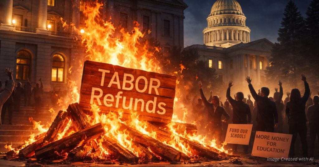 Bonfire burning a “TABOR Refunds” sign outside the Colorado State Capitol as protesters rally over education funding.