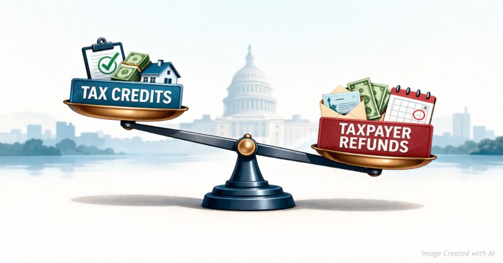 Scale comparing expanded tax credits with reduced taxpayer refunds