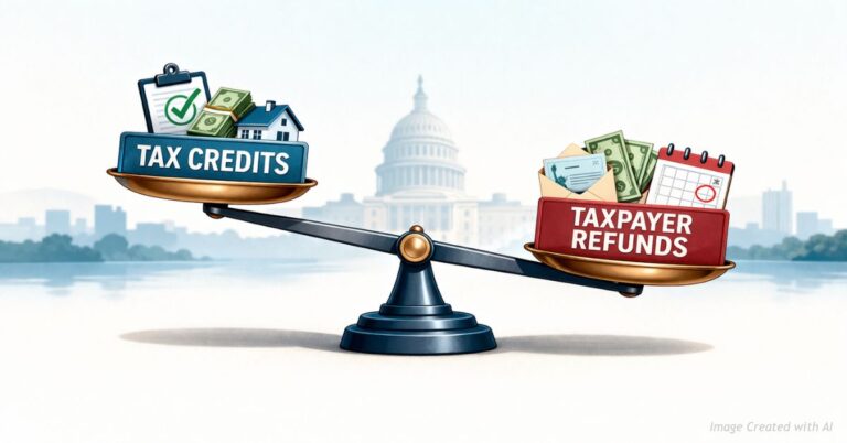 Scale comparing expanded tax credits with reduced taxpayer refunds