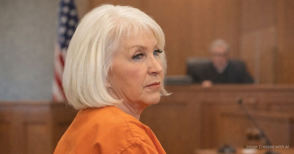 Tina Peters in orange prison jumpsuit seated in courtroom during legal proceedings
