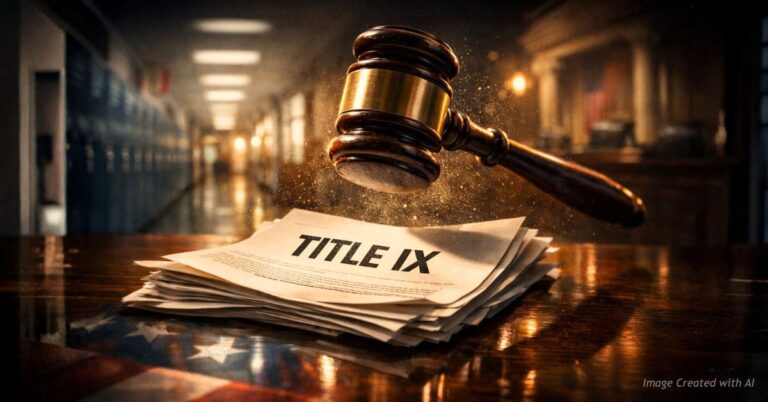 Gavel over Title IX documents on desk.