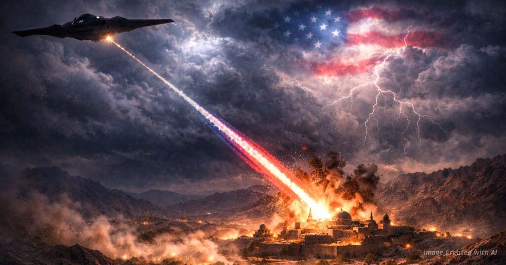 Missile launched over Middle East toward Iranian compound symbolizing U.S. sovereignty and Iran strike debate.