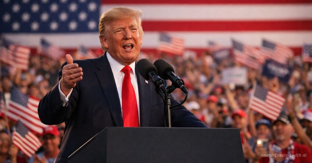 Donald Trump speaks at a rally with American flags and cheering supporters behind him.