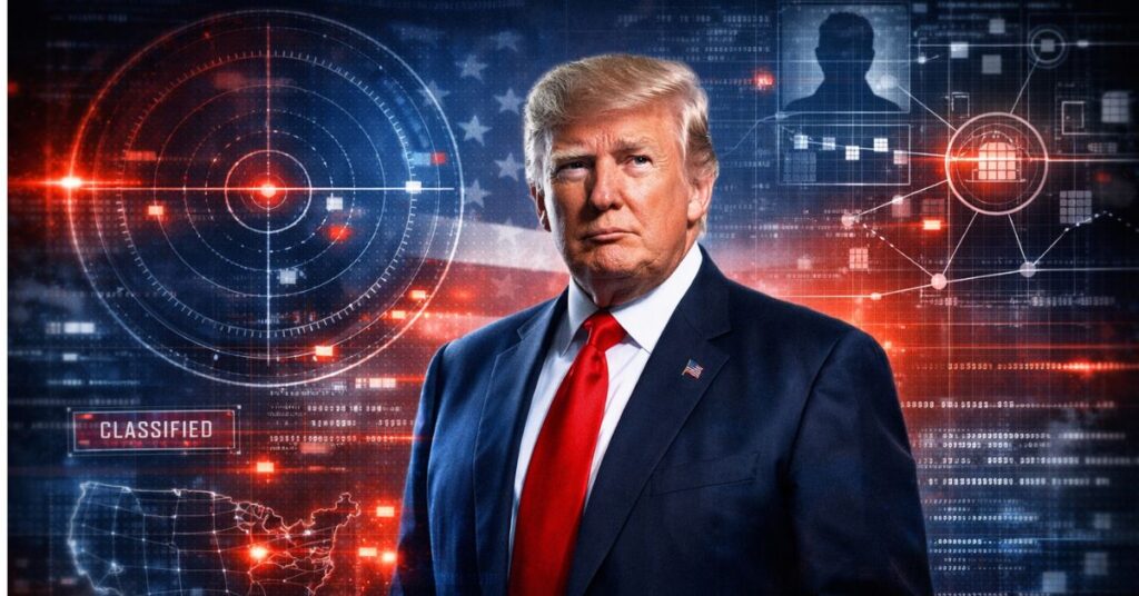 President Donald Trump surrounded by digital surveillance graphics symbolizing counterintelligence investigations.