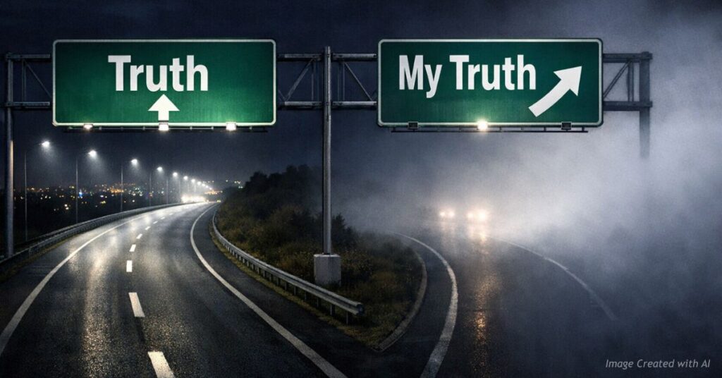 Highway fork showing roads labeled Truth and My Truth with one fading into fog.