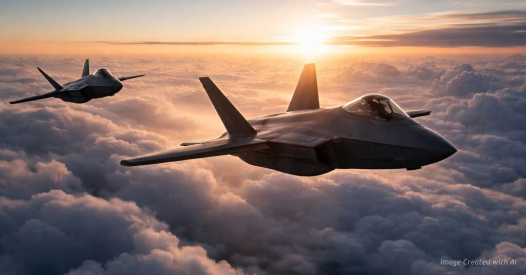 Two US stealth fighter jets flying above clouds at sunrise symbolizing air superiority