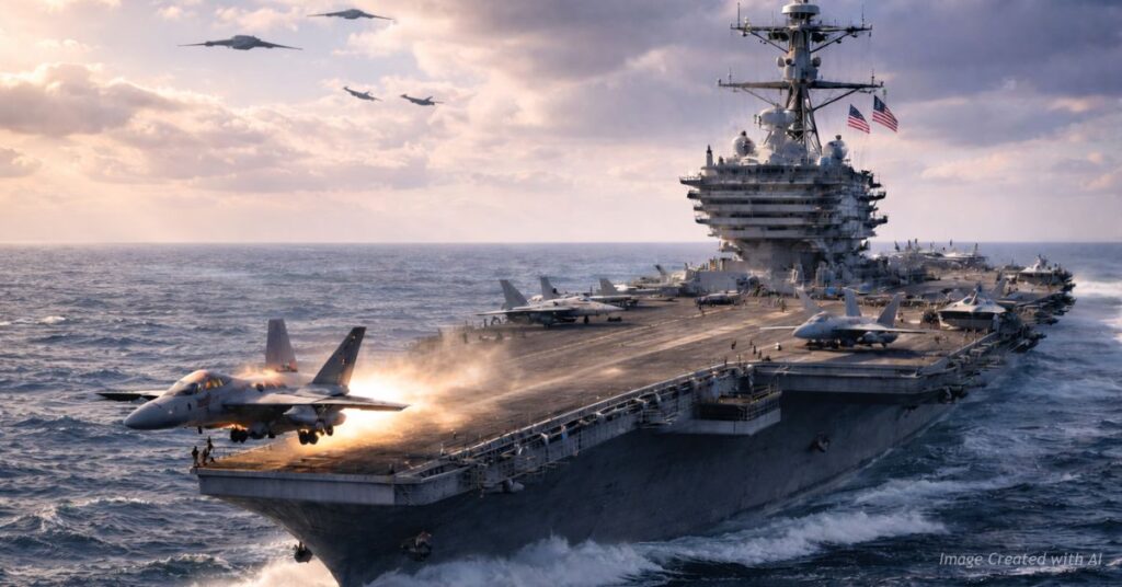 USS Abraham Lincoln launches fighter jet as B-2 bombers and additional jets fly overhead at sea.