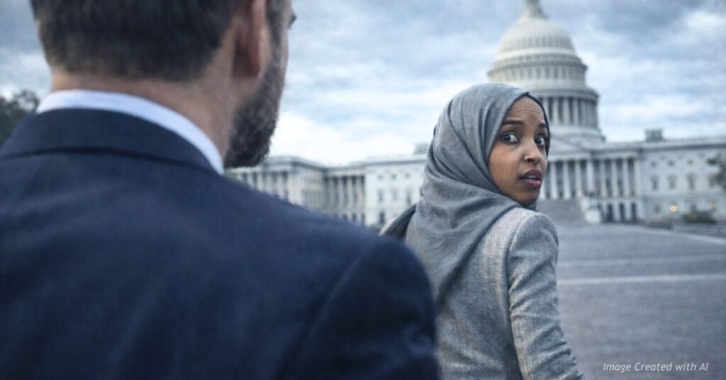 Woman in hijab looks back while walking quickly near U.S. Capitol as observer watches
