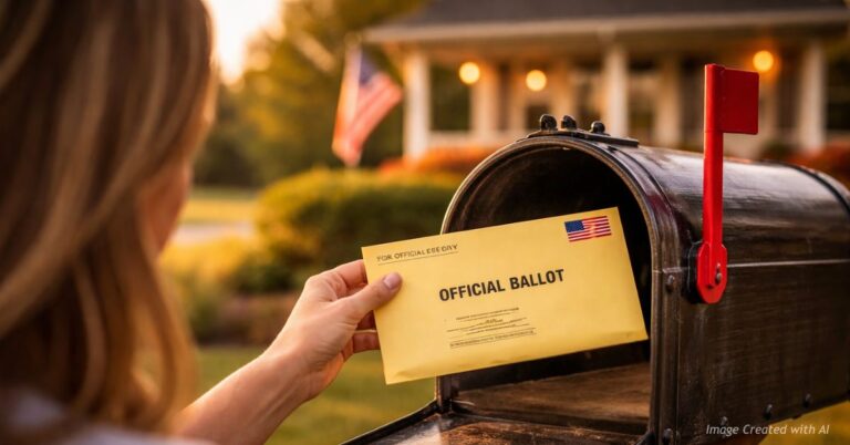 Woman placing official ballot into suburban mailbox with raised flag