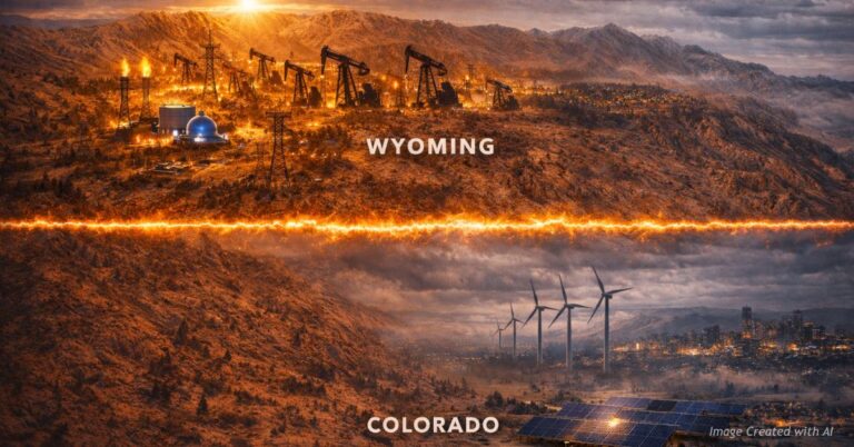 Stylized map shows Wyoming glowing with energy production while Colorado appears dim under cloudy skies