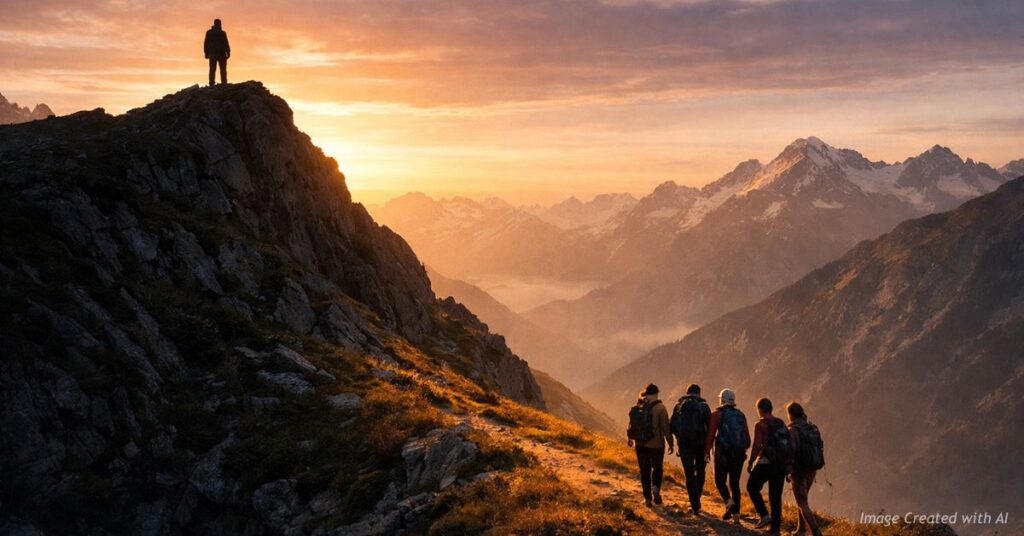 Lone figure on mountain contrasted with group below symbolizing isolation vs community