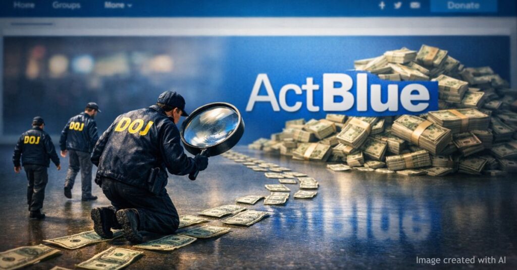 DOJ investigators follow a money trail toward ActBlue logo symbolizing federal scrutiny of political donations