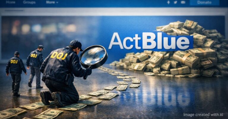 DOJ investigators follow a money trail toward ActBlue logo symbolizing federal scrutiny of political donations