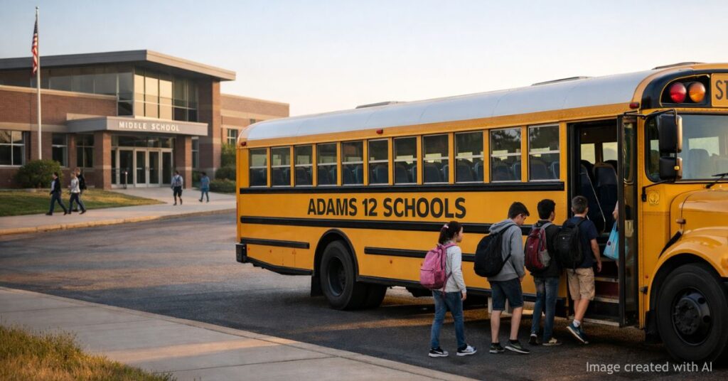 Adams 12 school bus with few students and quiet middle school background