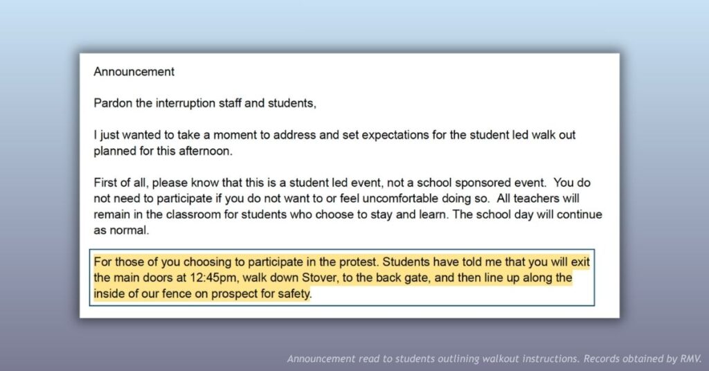 School announcement outlining student walkout instructions and designated route and gathering area.