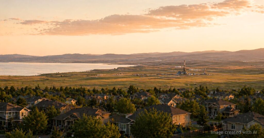 Distant oil and gas rigs beyond suburban homes near Aurora with reservoir and plains at sunset