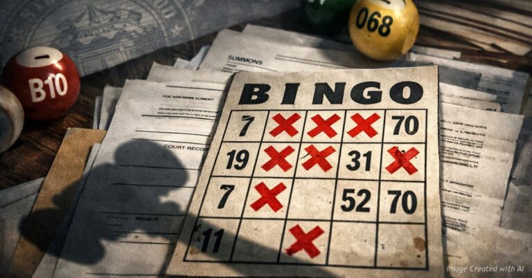 Bingo card and legal papers symbolize campaign finance scrutiny and court review