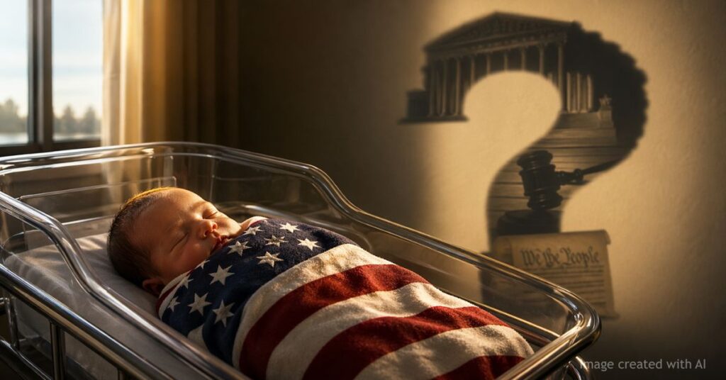 Newborn in American flag blanket with symbolic question mark shadow behind