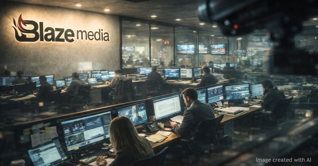 Blaze Media newsroom with journalists working under visible surveillance camera and monitoring presence.