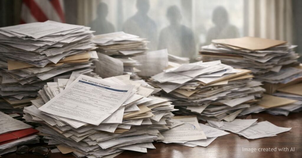 Stacks of voter registration papers overflowing on a desk with subtle ghosted figures