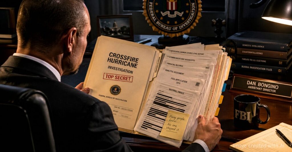 Over-the-shoulder view of Dan Bongino reviewing Crossfire Hurricane investigation documents at FBI desk