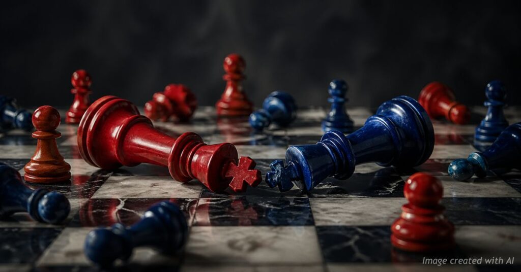 Red and blue chess kings toppled on board with scattered pawns symbolizing failure of both political parties