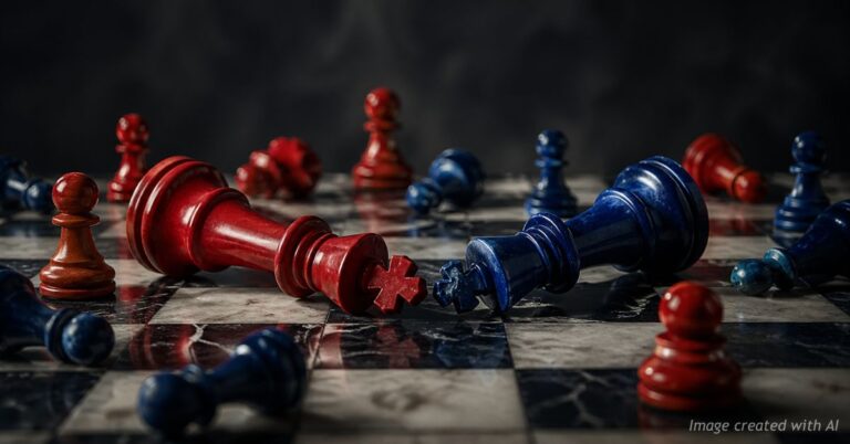 Red and blue chess kings toppled on board with scattered pawns symbolizing failure of both political parties