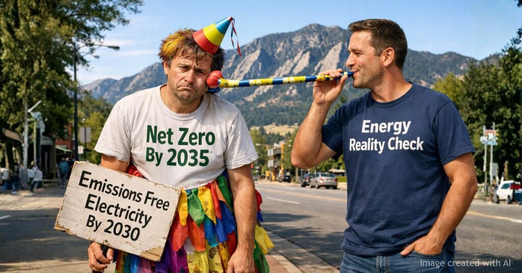 Satirical Boulder scene shows climate goals confronting everyday energy reality