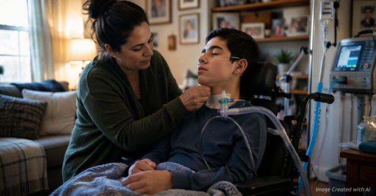 Parent caring for disabled child at home with medical equipment