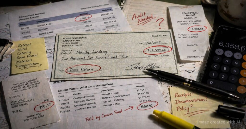 Checks and financial records with red markings highlight scrutiny of caucus fund transactions