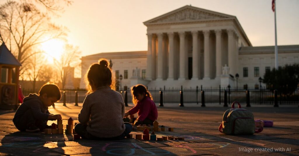 Silhouetted children play before blurred Supreme Court building, symbolizing legal impact on families