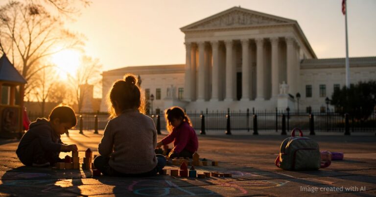 Silhouetted children play before blurred Supreme Court building, symbolizing legal impact on families
