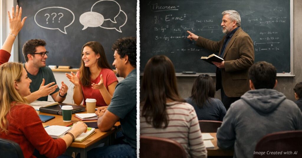 Split classroom showing open discussion versus one-sided lecture