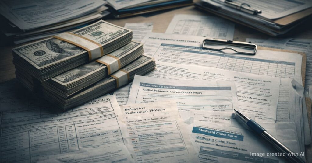 Cash stacked over autism therapy billing documents highlights Medicaid overpayment concerns in Colorado