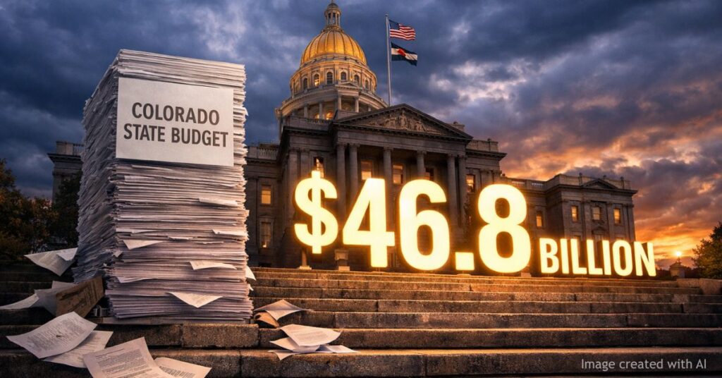 Colorado Capitol steps with towering budget documents and glowing $46.8 billion figure under dramatic sky