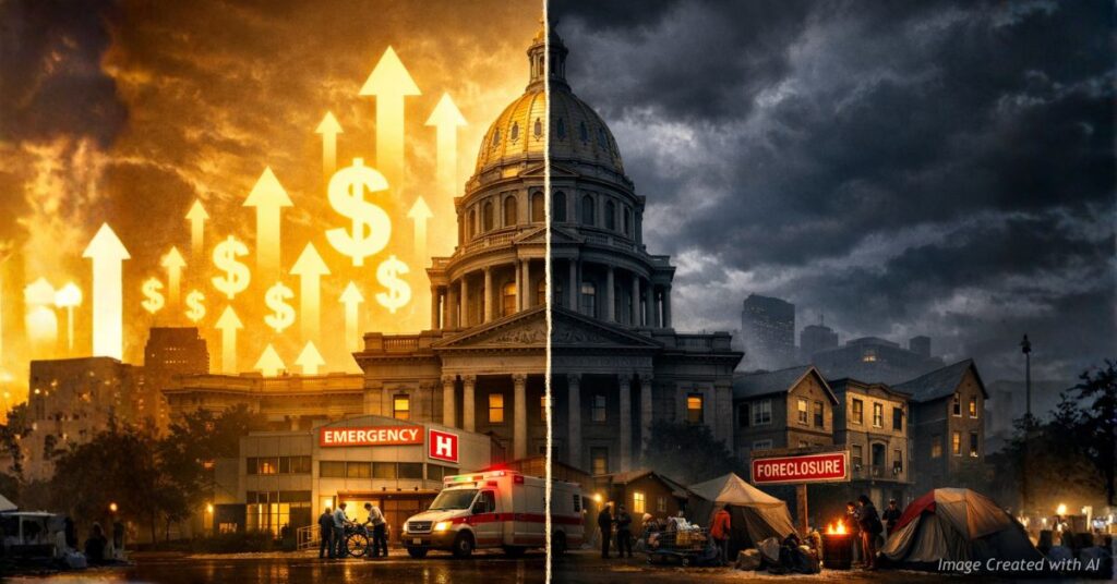 Split Colorado Capitol showing rising spending versus strained public services