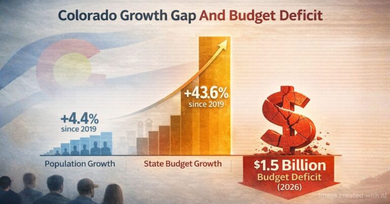 Infographic showing Colorado population growth, budget increase, and $1.5 billion deficit