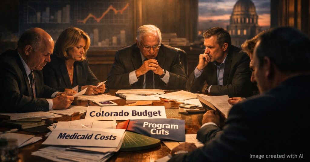 Lawmakers reviewing Colorado budget under dramatic lighting