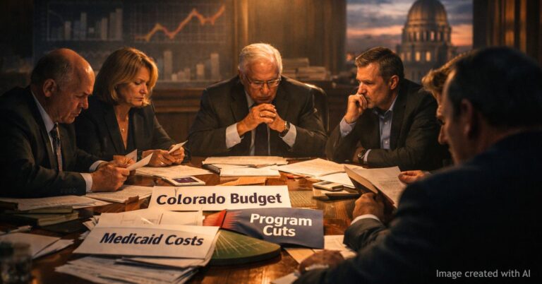 Lawmakers reviewing Colorado budget under dramatic lighting