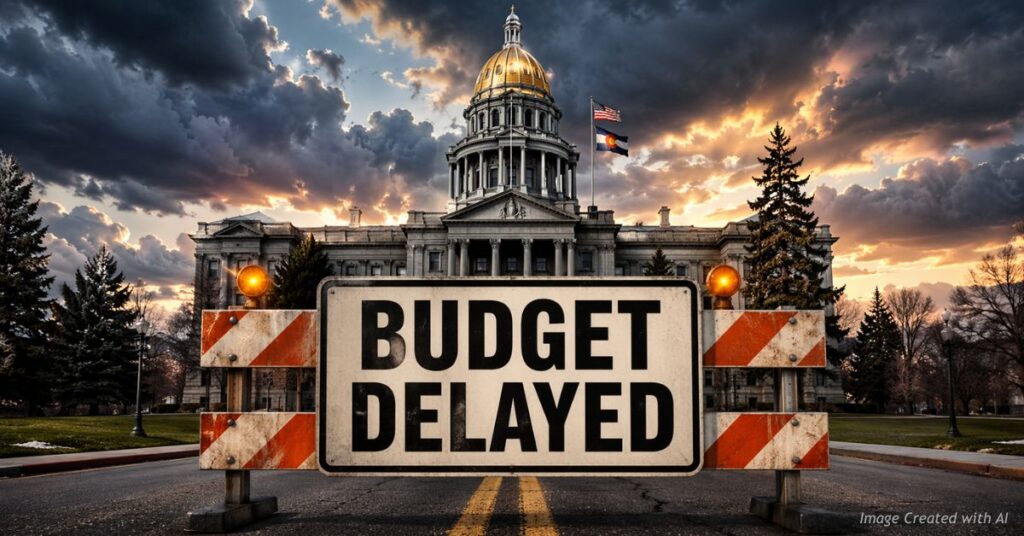 Roadblock sign in front of Capitol showing budget delay