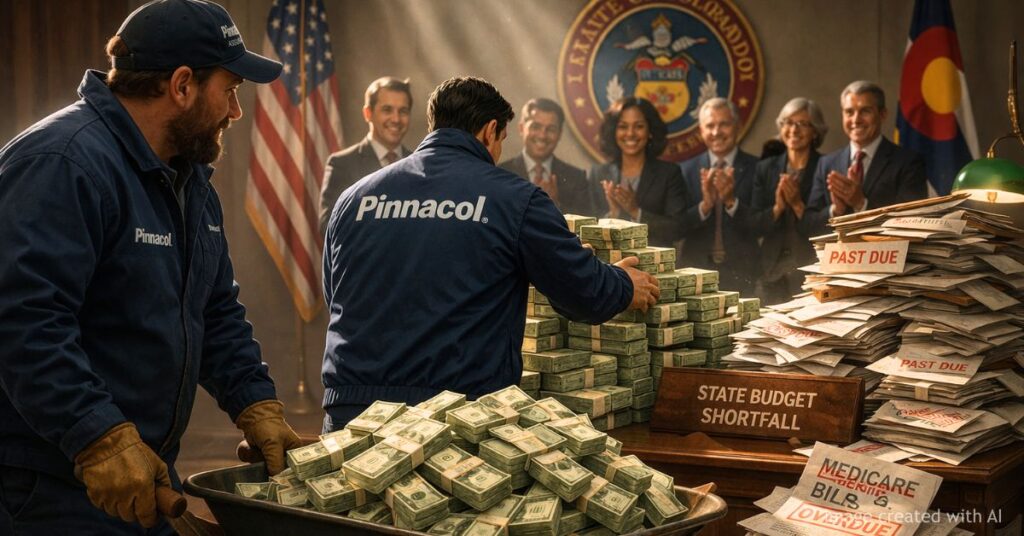 Pinnacol workers deliver cash to desk piled with overdue bills as Colorado officials watch amid budget strain