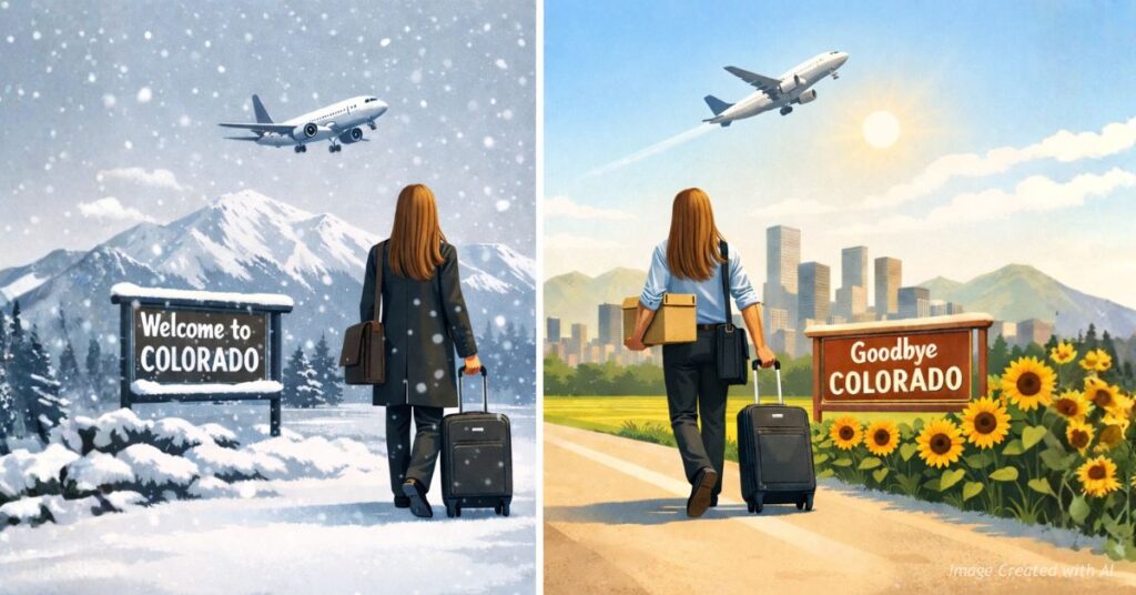 Timeline showing business arrival and departure in Colorado