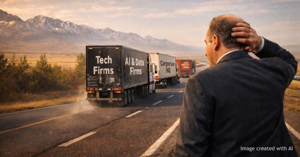 Governor Jared Polis watches semi trucks labeled with major industries leaving Colorado on a highway
