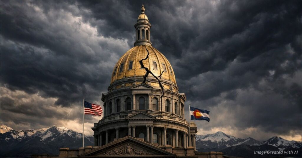Cracked Colorado Capitol under storm clouds symbolizing policy instability